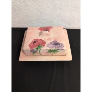 Vintage Pink Hand Painted Flowers E. Radford Butter Dish Porcelain Bisque
